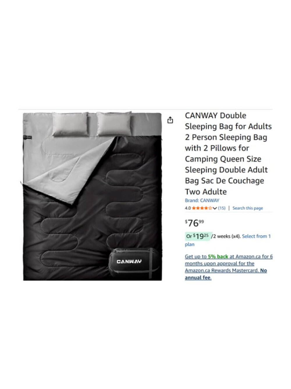 NWT 2 PP Sleeping Bag Queen with 2 Pillows Black & Grey Lightweight Canway